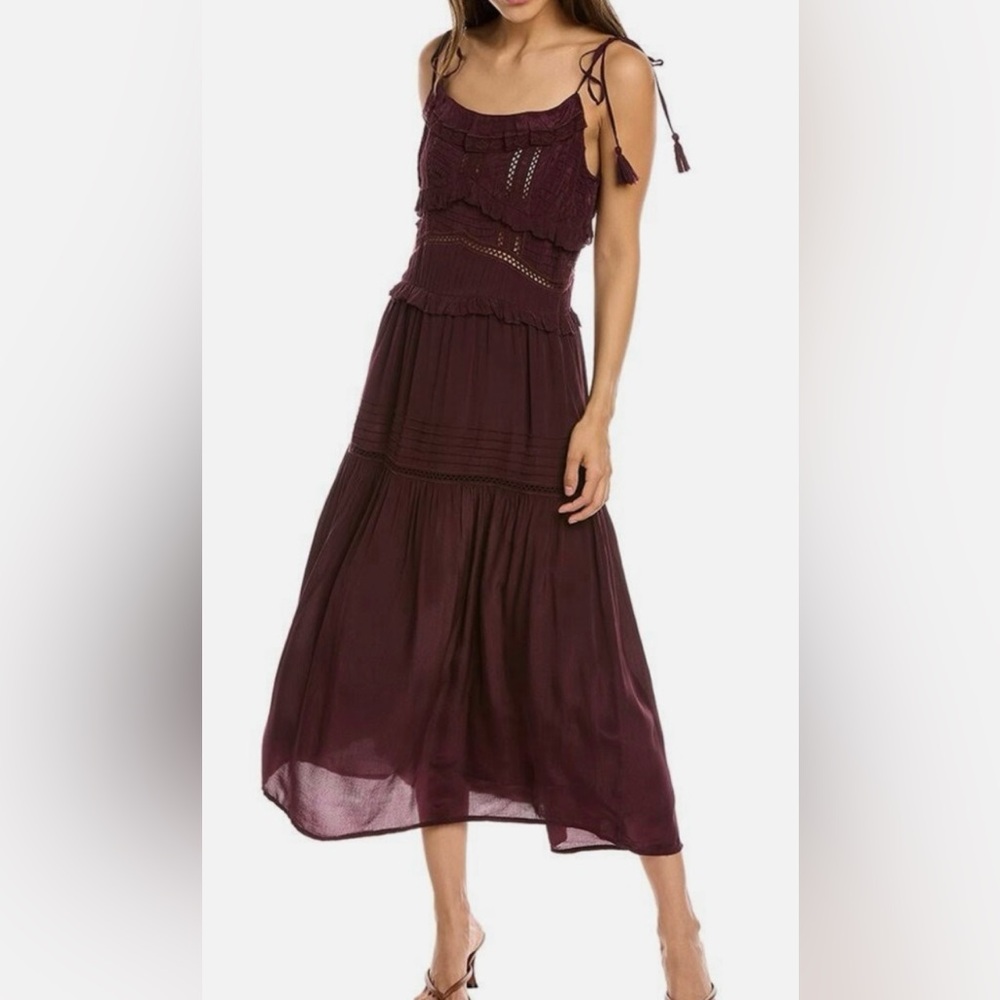 NWT Sea New York Maroon/Plum Poppy Pintuck Tassel Layered Midi Dress Sz 2
